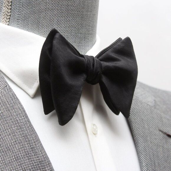 Men's Self tied Bow Tie Black Big Butterfly Bow tie Silk Linen Pin Strip… - Picture 6 of 11